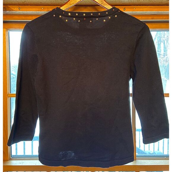 Vtg Jack B Quick Santa Christ Tree‎ Embroider Embellish Blk LP Knit Top  Sweater - Picture 5 of 10
